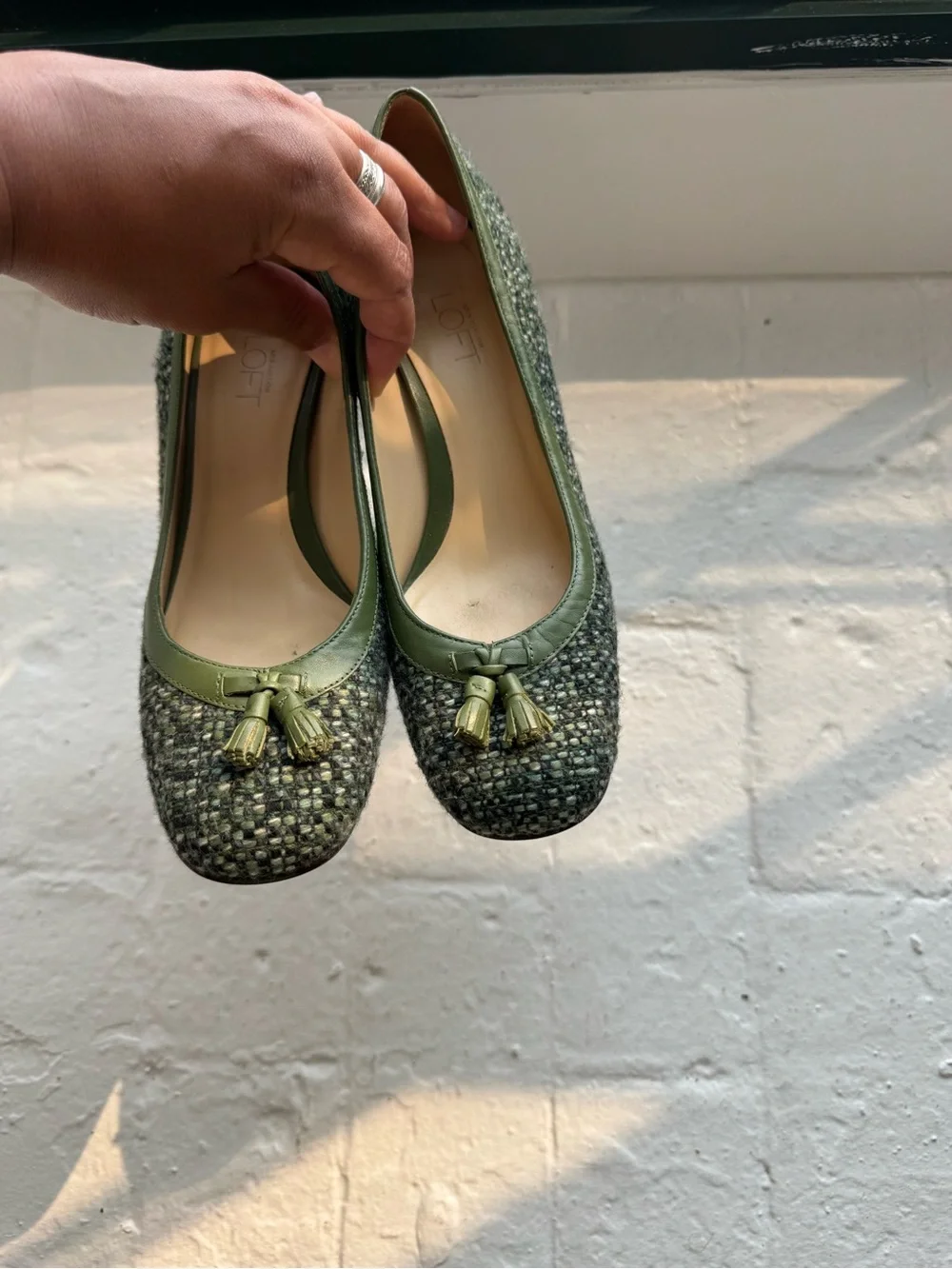 Green Tweed Mid-Heel Pumps with Tassel Accent - Picture 4 of 7